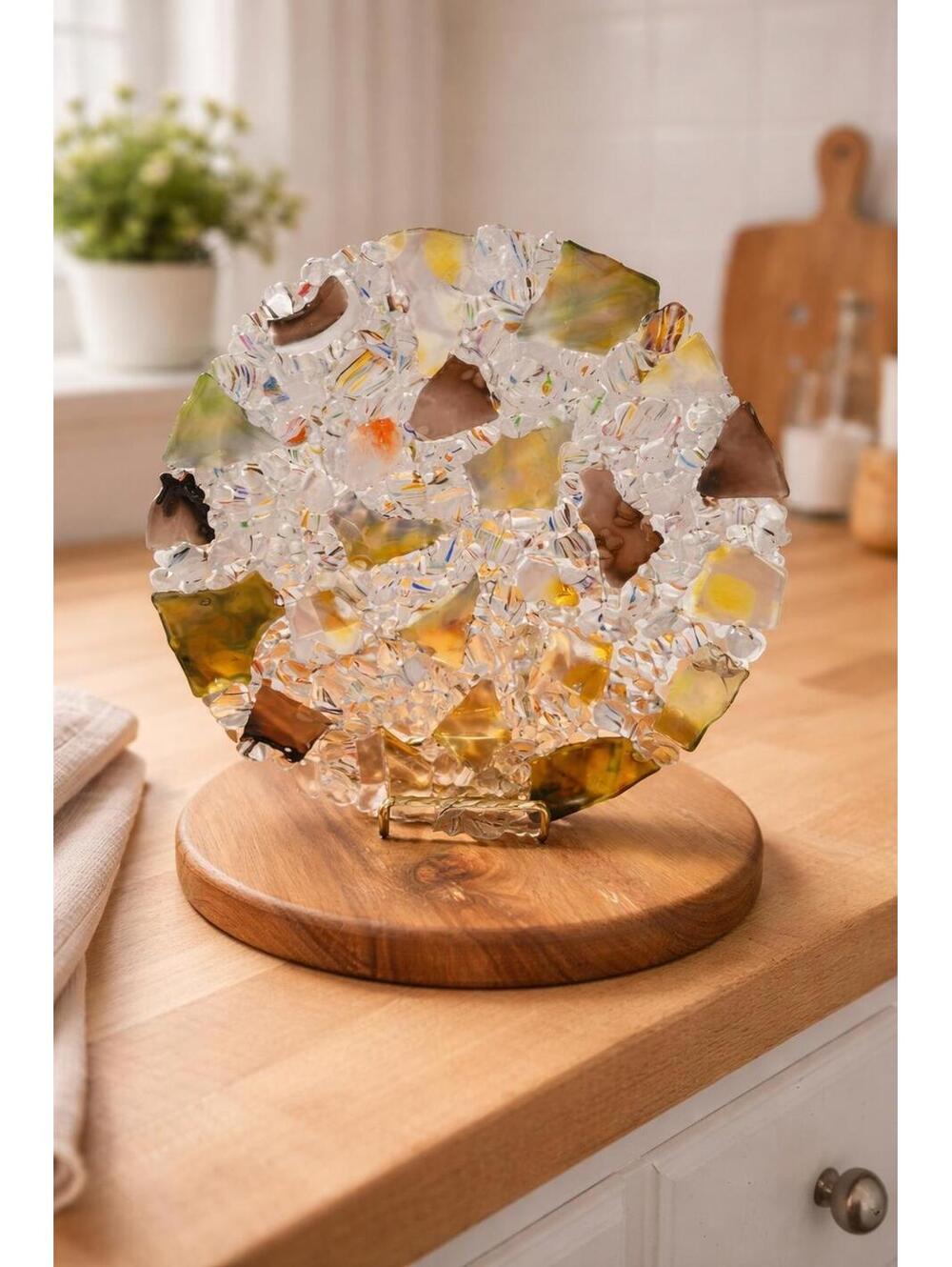 Handmade Fused Glass Abstract Round Sculpture Plate Medium Multicolor Art Decor